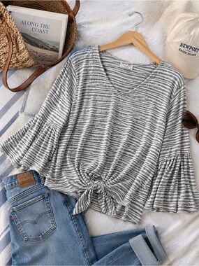 Soft‎ Grey White Stripe Bell Sleeve Tie Front Top Casual Boho Blouse